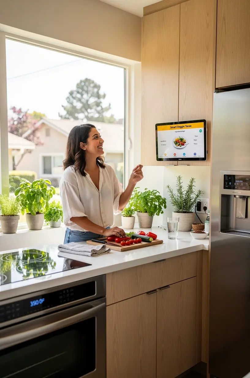 Minimalist kitchen with smart appliances and IoT connectivity enhancing everyday cooking tasks